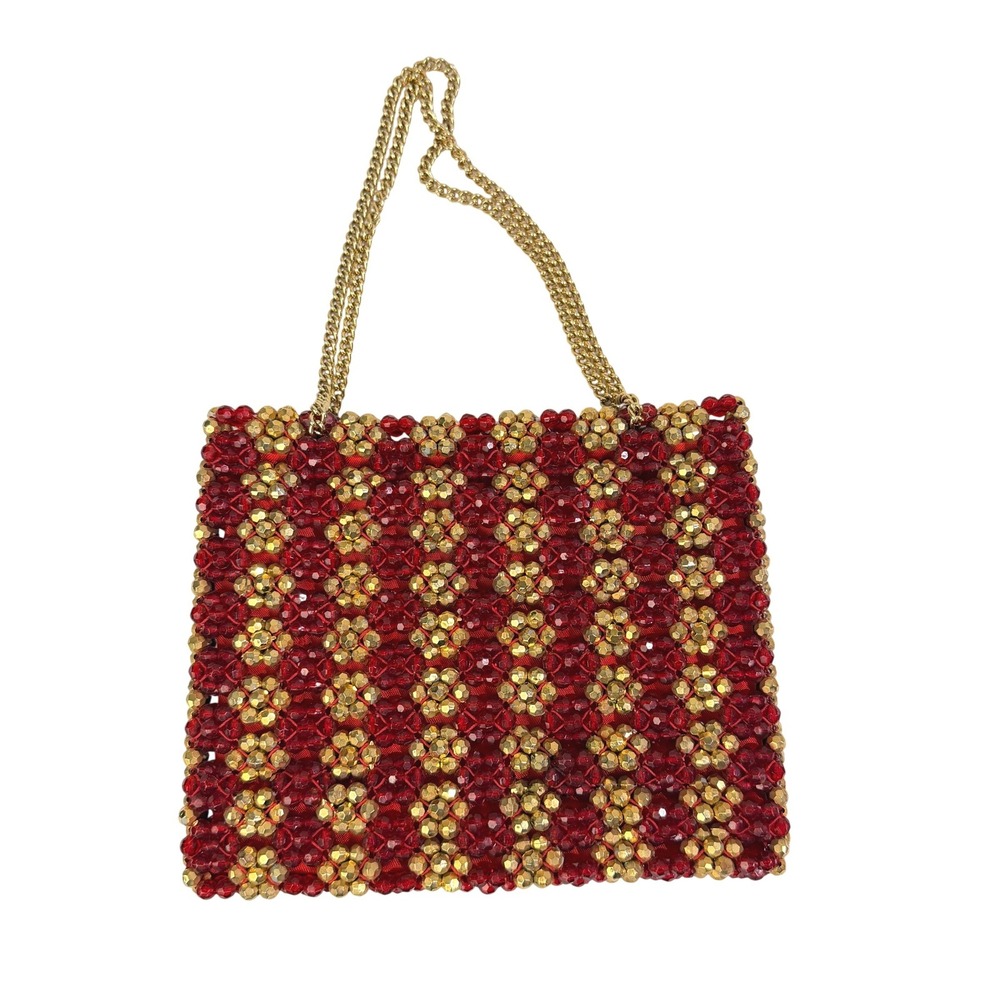 Made in Italy Red Gold Beaded Mini Bag Chain Strap Date Night Y2K Glam Sparkle